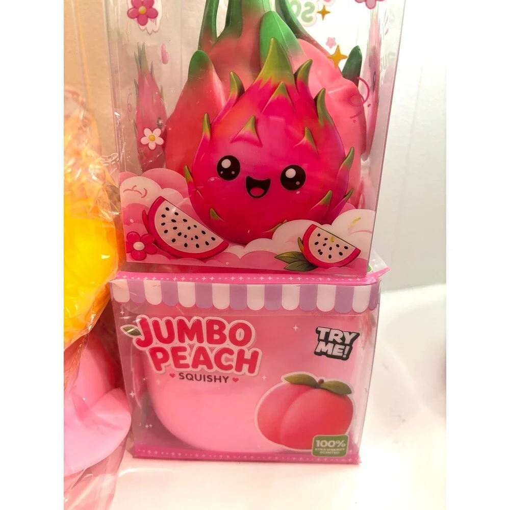 RMS Crazy Fun Five Below JUMBO squishy Lot - Duck , peach dragon fruit squish